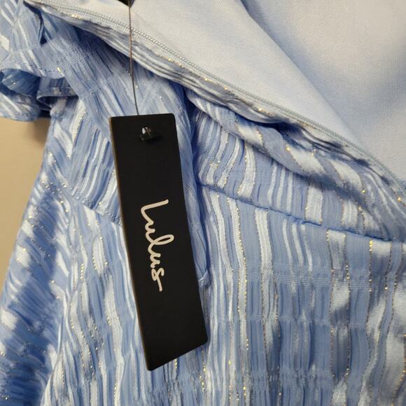 Lulus Dress Womens Large Blue Metallic Ruffle Off Shoulder Mini Tiered Party New - Picture 2 of 12
